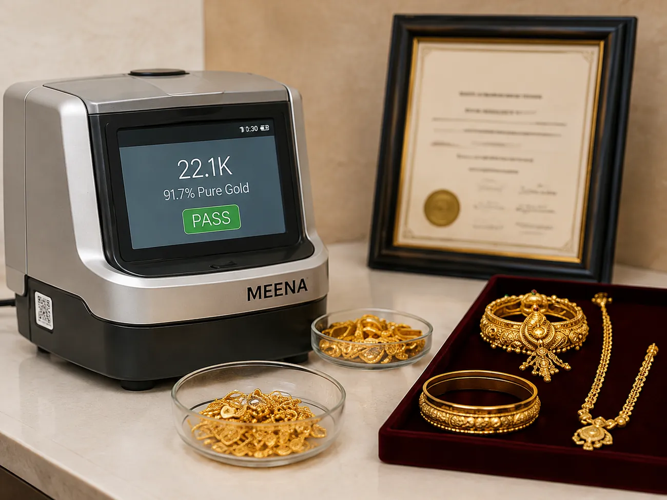 Certified gold testing equipment beside an accuracy certificate and jewellery