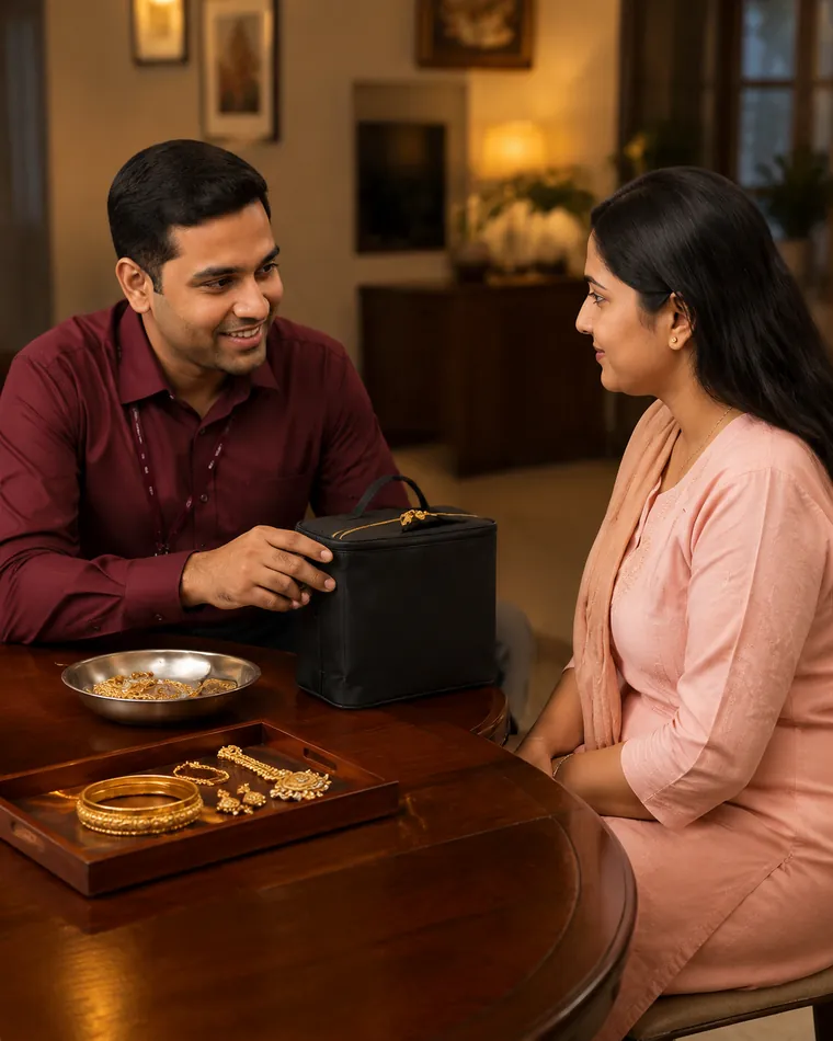 A Meena Gold Buyer representative valuing gold jewellery at a customer's home