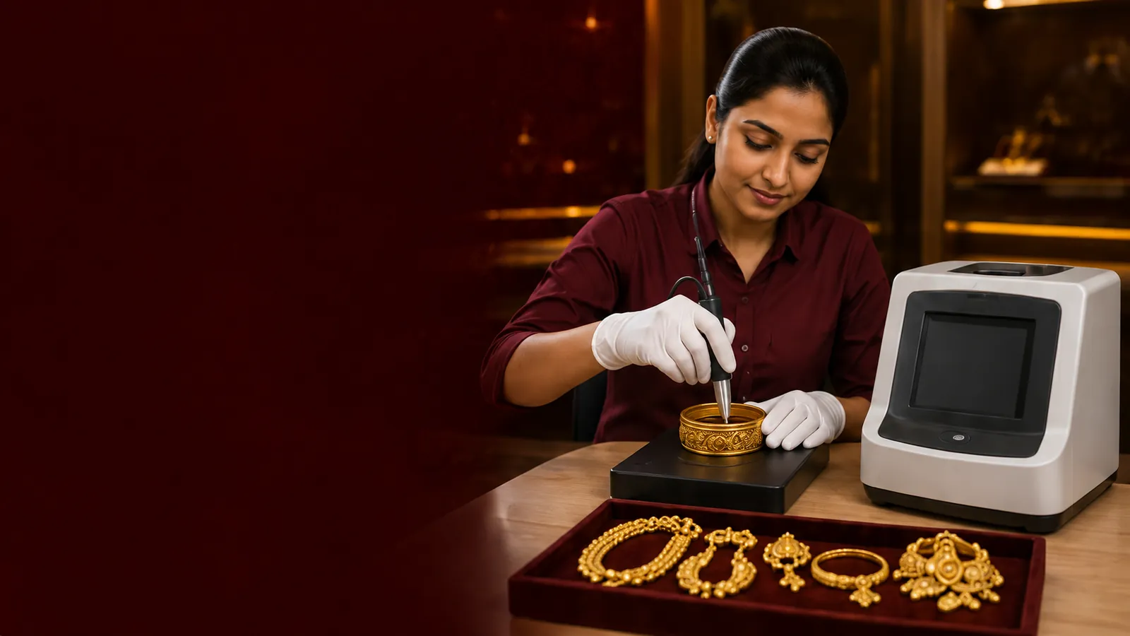 A Meena Gold Buyer specialist testing a gold bangle with certified equipment